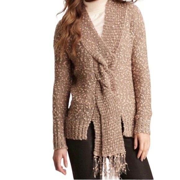 ShuShu Taupe Peach Nubby Boucle Scarf Front Fall Sweater Women’s Size Medium - Picture 1 of 12